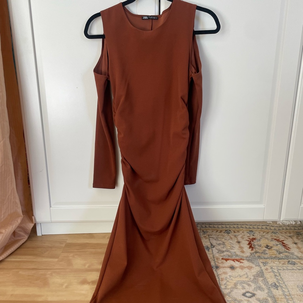 Zara Chic Long Sleeve Brown Dress